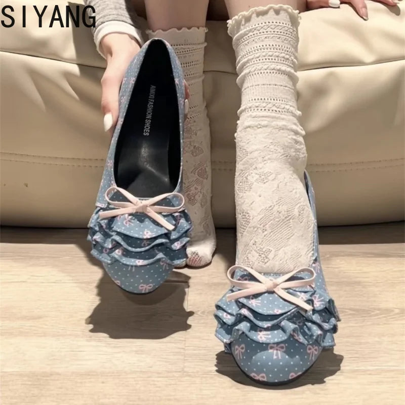 Polka Dot Mary Jane Shoes Women Sweet Ruffle Internal Elevation Shoes Ladies Soft Sole Slip On Daily Comfort Dress Footwear