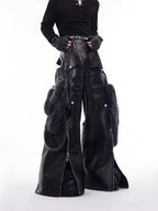 Mauroicardi Spring Autumn Cool Long Baggy Black Pu Leather Wide Leg Cargo Pants Men Luxury Mens Designer Clothes Streetwear 2025