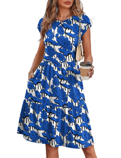 Women Cap Sleeve Casual Tiered Swing Dress Floral Print Summer Beach Vacation Dress