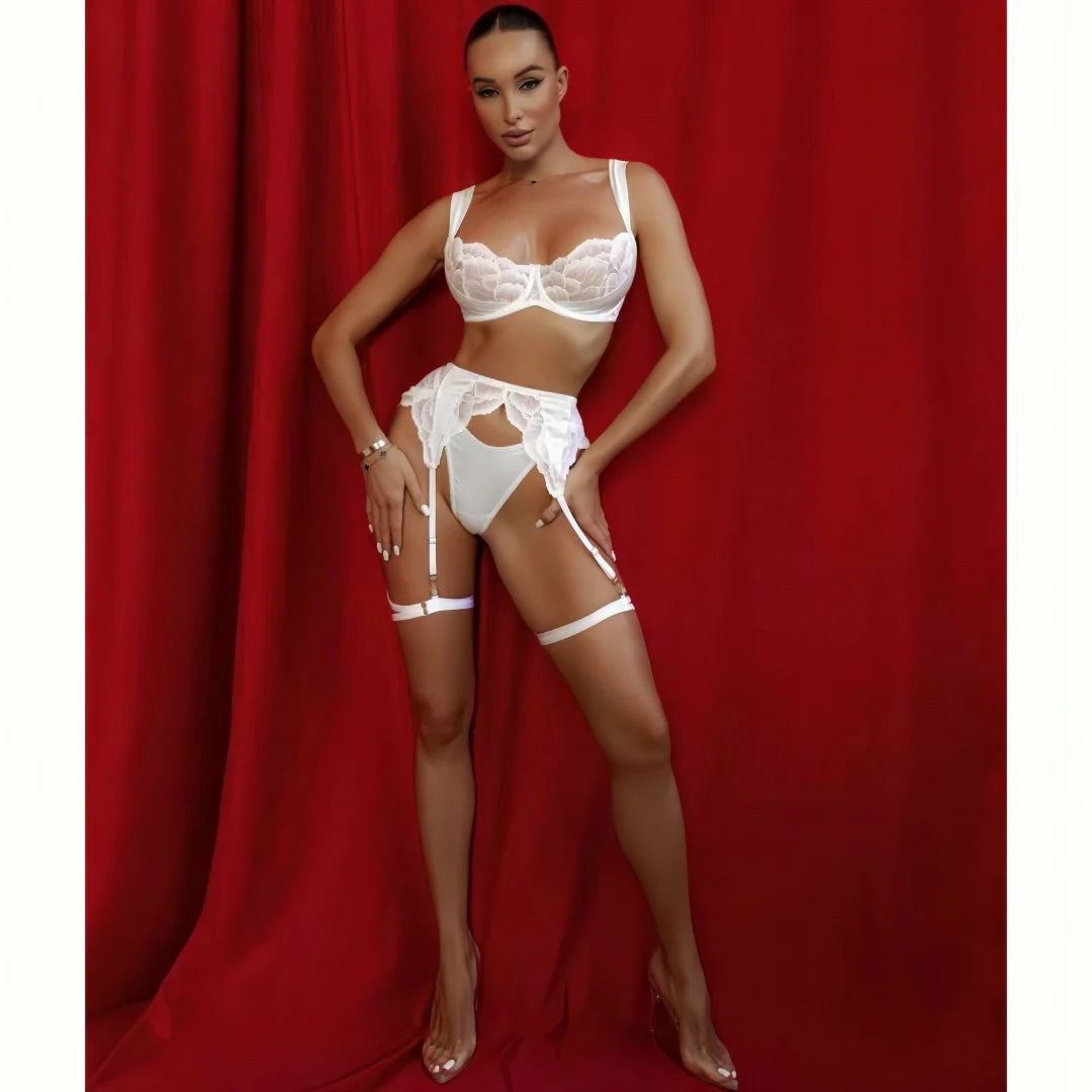 Krasapt Delicate Lace Patchwork Lingerie 4 Pcs Sets Woman Satin Bras And Panties Garter Underwear Erotic Intimate Outfits