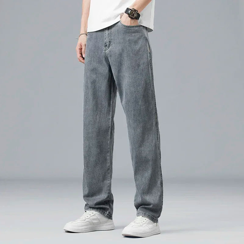 2026 New Summer Ultra-thin Lyocell Men's Jeans Drape Soft Fabric Loose Straight Casual Denim Pant Elastic Ice Silk Male Trousers