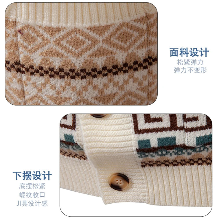 Men's Cable Knit Fair Isle Geometric Striped Cardigan V Neck Button Front Pocket Long Sleeve Sweater Autumn Winter Casual