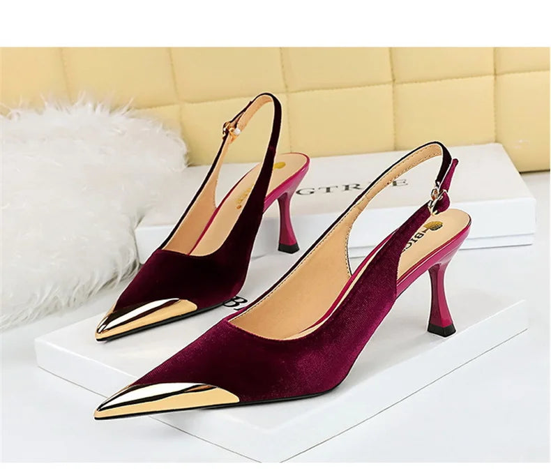 Elegant Women Green High Heel Velvet Pumps Wedding Party Slingback Sandals Metal Pointed Toe Hollow Buckle Wine Red Shoes