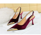 Elegant Women Green High Heel Velvet Pumps Wedding Party Slingback Sandals Metal Pointed Toe Hollow Buckle Wine Red Shoes