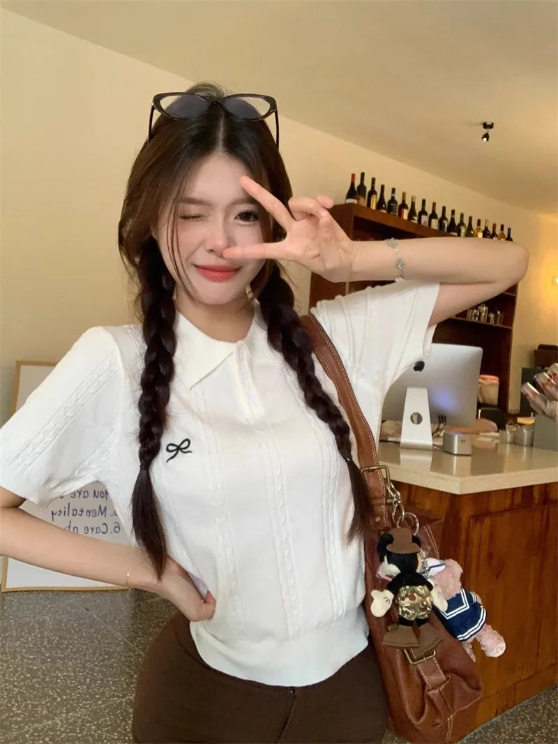 AOSSVIAO 2026 Summer New Korean Fashion Slim Polo shirt Knitted Short Sleeve T-shirt Sweet Bow Embroidered Knitted  Women Tops