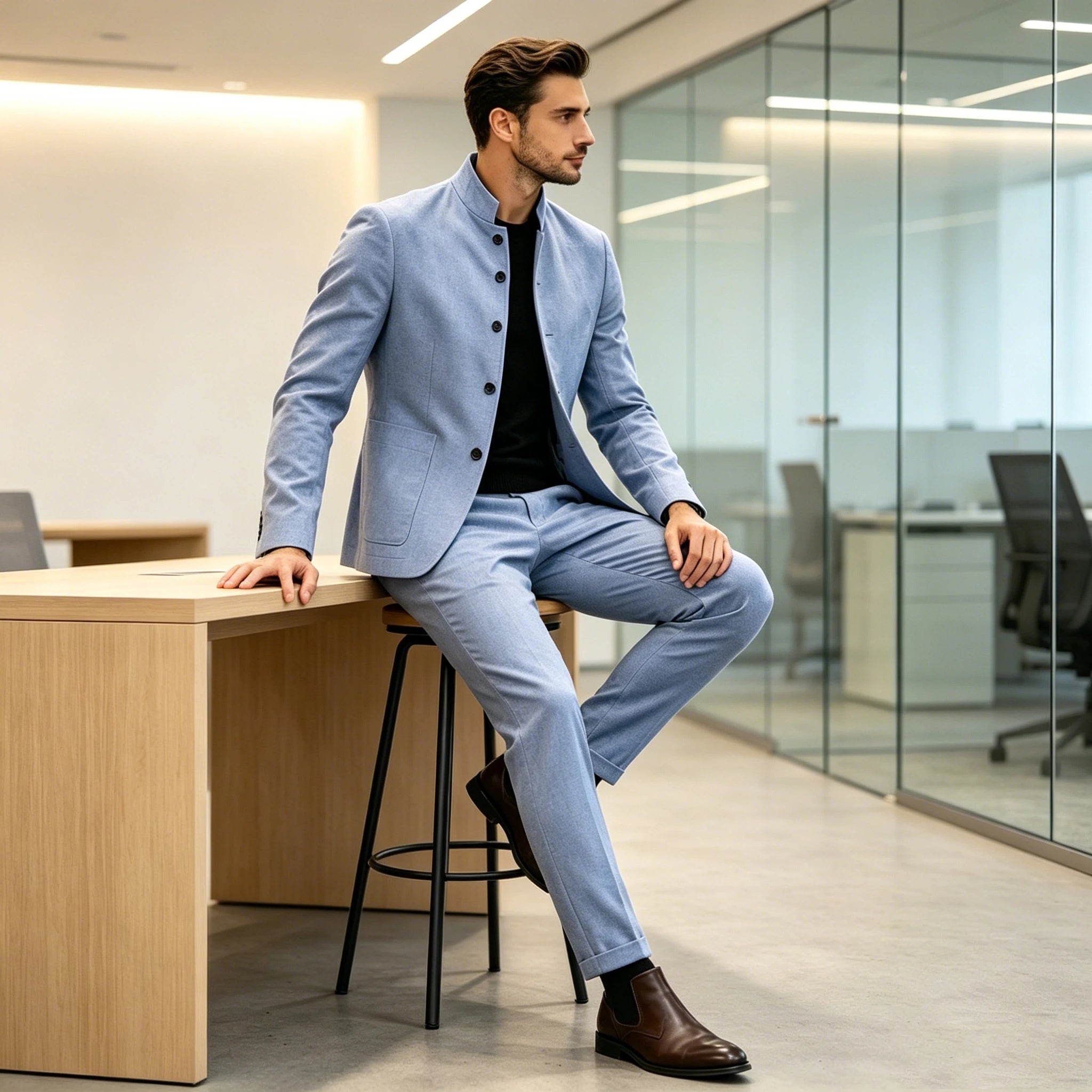 Men's Linen Stand Collar Suit 2-Piece Blazer & Pants Set Slim Fit Business Casual Tuxedo Jacket Trousers Formal Wedding Outfit