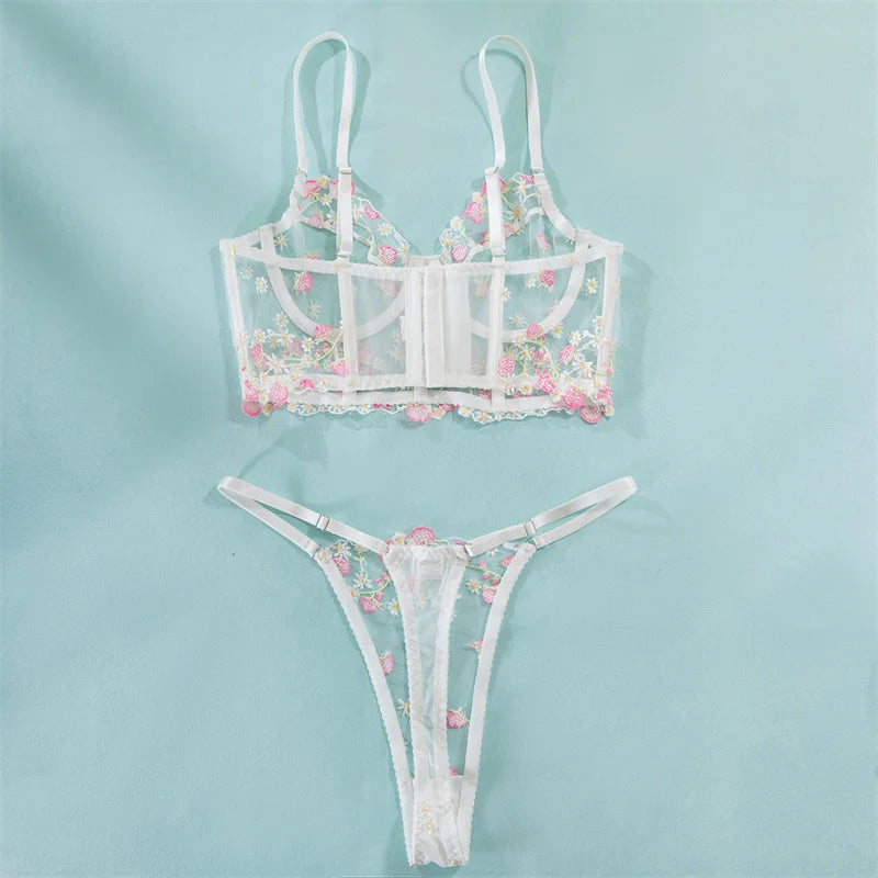 Sexy Girl Lingerie Set Sweet Fancy Underwear Embrodiery Fishbone Bra and Panty Set Hollow Gauze Female Underwear Erotic Lingerie