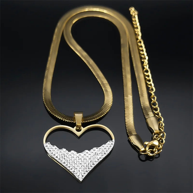 Crystal Love Heart Pendant Necklace Choker for Women Stainless Steel Gold Color Blade Chain Necklaces Jewelry Valentines Gifts