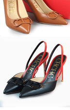 2026 CH Fashion Black Red Contrast Slingback Heels Women Pointed Toe Metal Buckle Stiletto High Heels Elegant Party Wedding