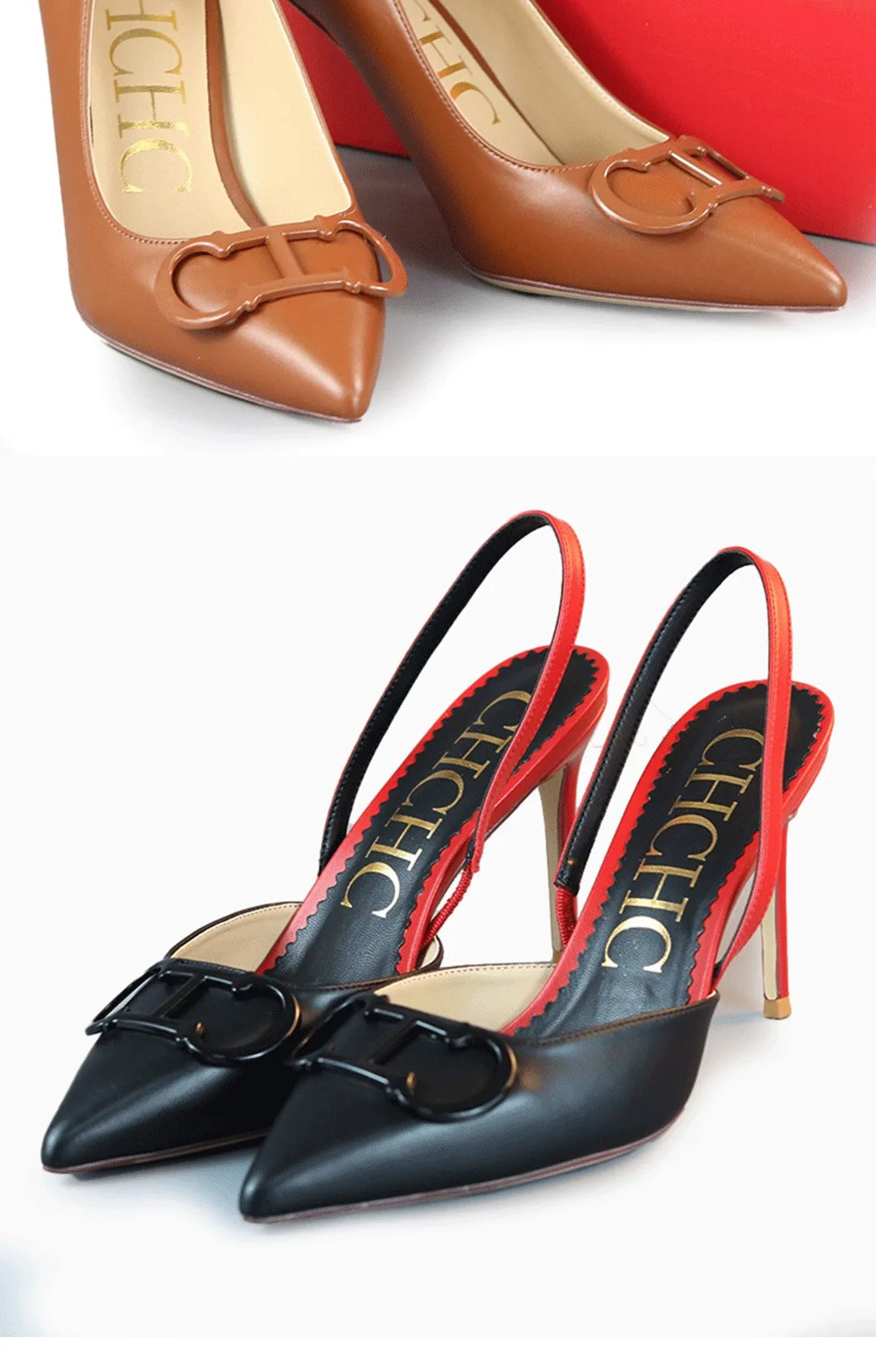 2026 CH Fashion Black Red Contrast Slingback Heels Women Pointed Toe Metal Buckle Stiletto High Heels Elegant Party Wedding