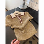 Vintage 2000s Shiny Knit Short Sleeve Tee Women Polo Neck Summer Tops Brown Hollow out Knitwear Lady Clothes Casual T-shirt