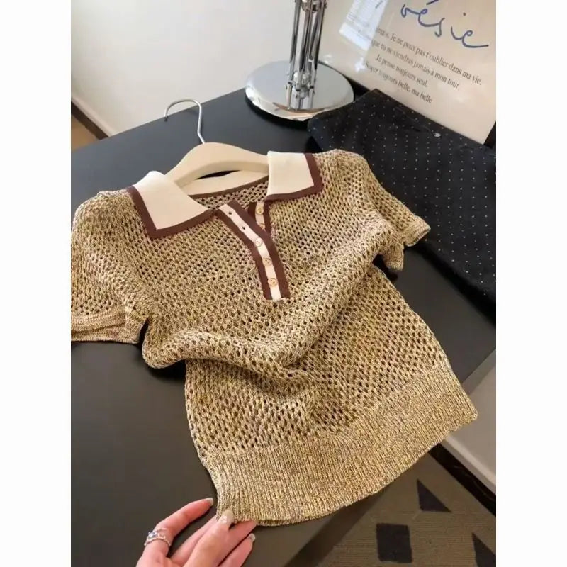 Vintage 2000s Shiny Knit Short Sleeve Tee Women Polo Neck Summer Tops Brown Hollow out Knitwear Lady Clothes Casual T-shirt