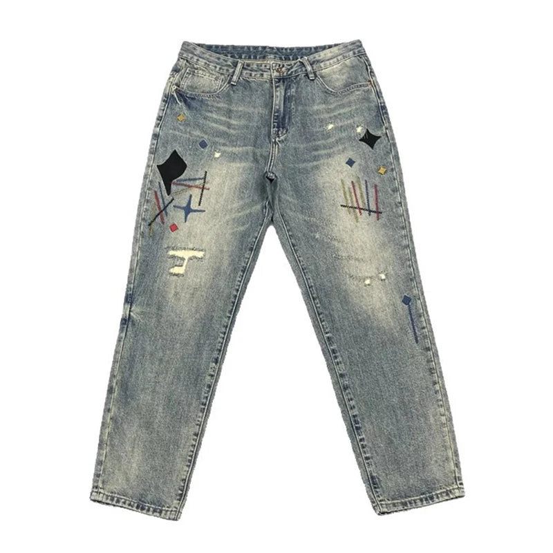 Trendy Edgy And Stylish Men's Jeans With Patchwork Embroidery And Prints Loose-fitting Straight Leg