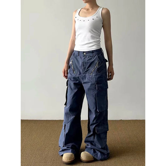 YIBASHU Women's Blue Gothic Emo Y2k Gyaru Baggy Jeans Oversize Denim Trousers Vintage Harajuku Grunge Cargo Wide Leg Jean Pants
