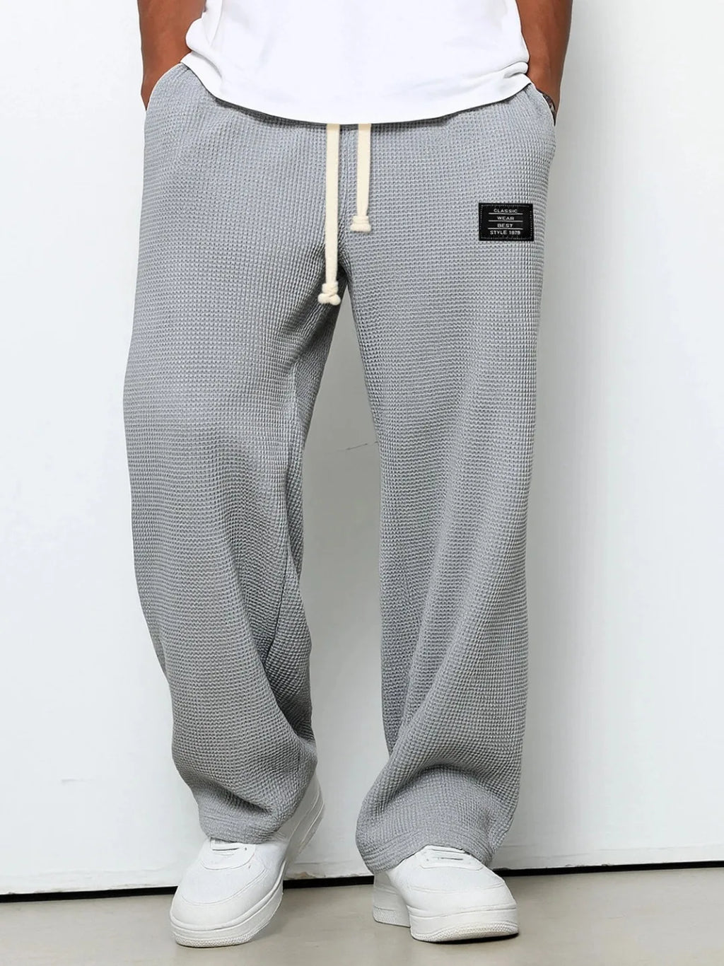 Men's spring-autumn trendy brand loose-fitting stretchy straight-leg sweatpants. Waffle fabric. Micro-bouncy sporty casual pants
