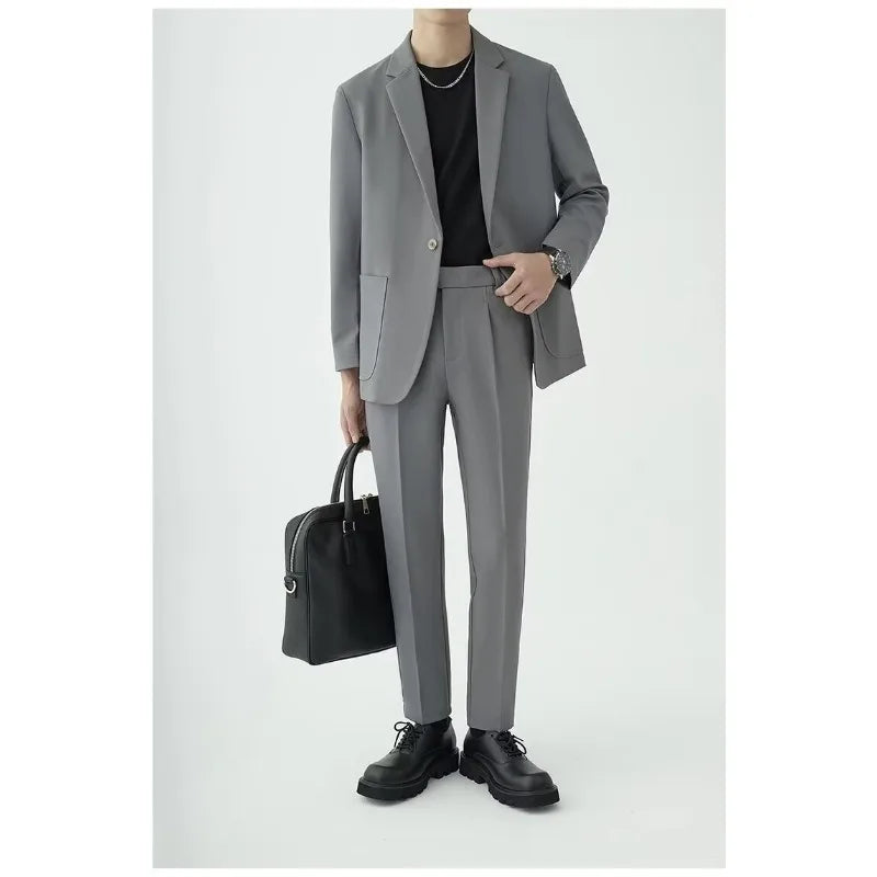 KIDWHXR Men 2-piece Outfit Loose Single-breasted Blazer Male Straight-leg Pant Man Korean Simple Solid Business Casual Suit Set