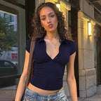 Hugcitar Women'S Fashion Short Sleeve Solid Polo Neck Buttons Sexy Crop T-Shirt Top Summer Female Clothes Streetwear Holiday