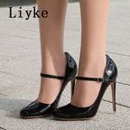 Liyke Big Size 44 45 46 Patent Leather Stiletto High Heels For Ladies Party Prom Shoe Fashion Round Toe Buckle Strap Women Pumps