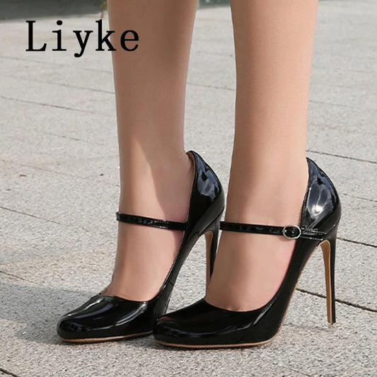 Liyke Big Size 44 45 46 Patent Leather Stiletto High Heels For Ladies Party Prom Shoe Fashion Round Toe Buckle Strap Women Pumps
