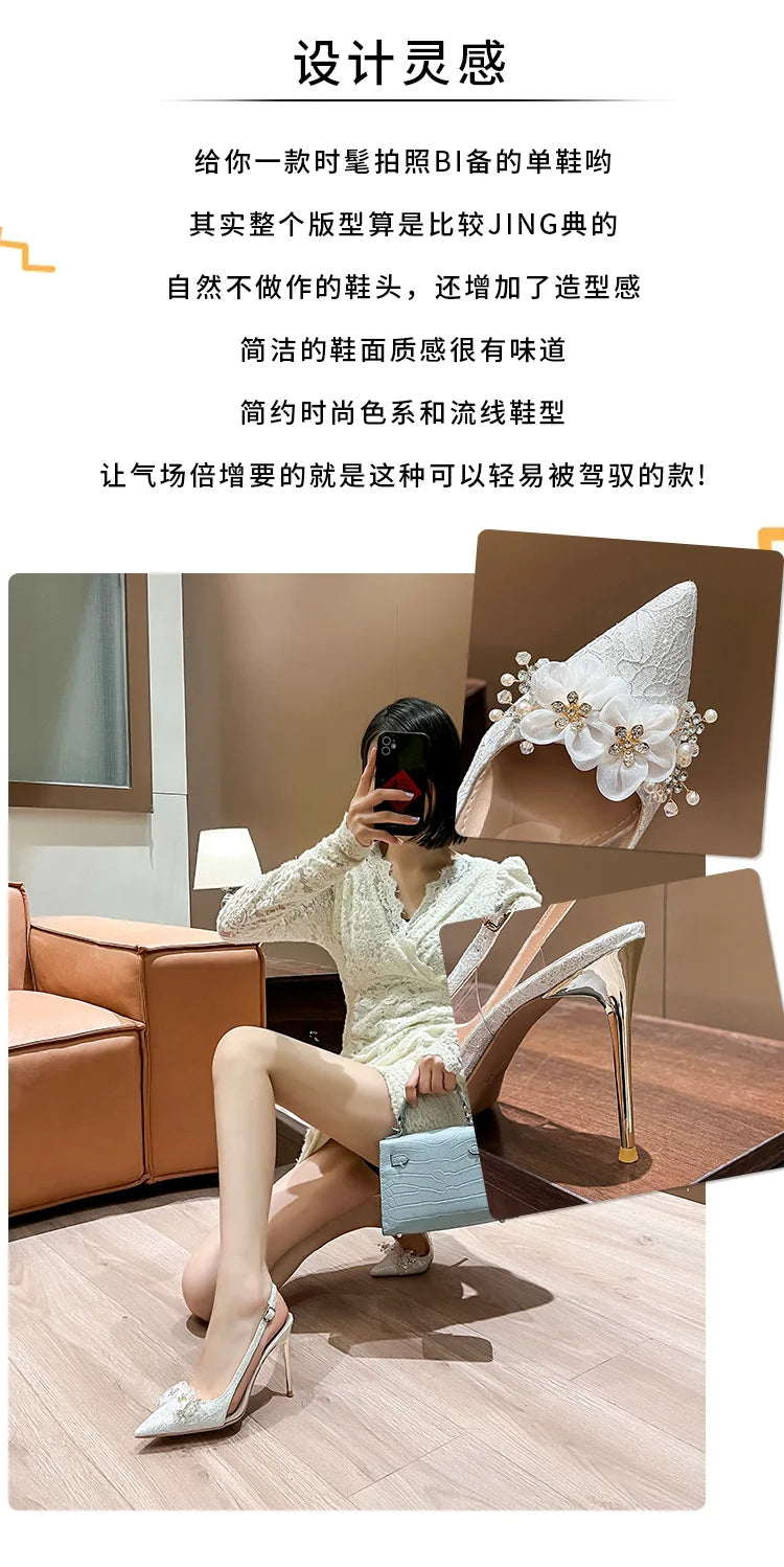 French Bride Gold Wedding Shoes spring women Thin Heel Pointed Shallow Mouth Flower Rhinodrill High Heels  Fashion Sandals