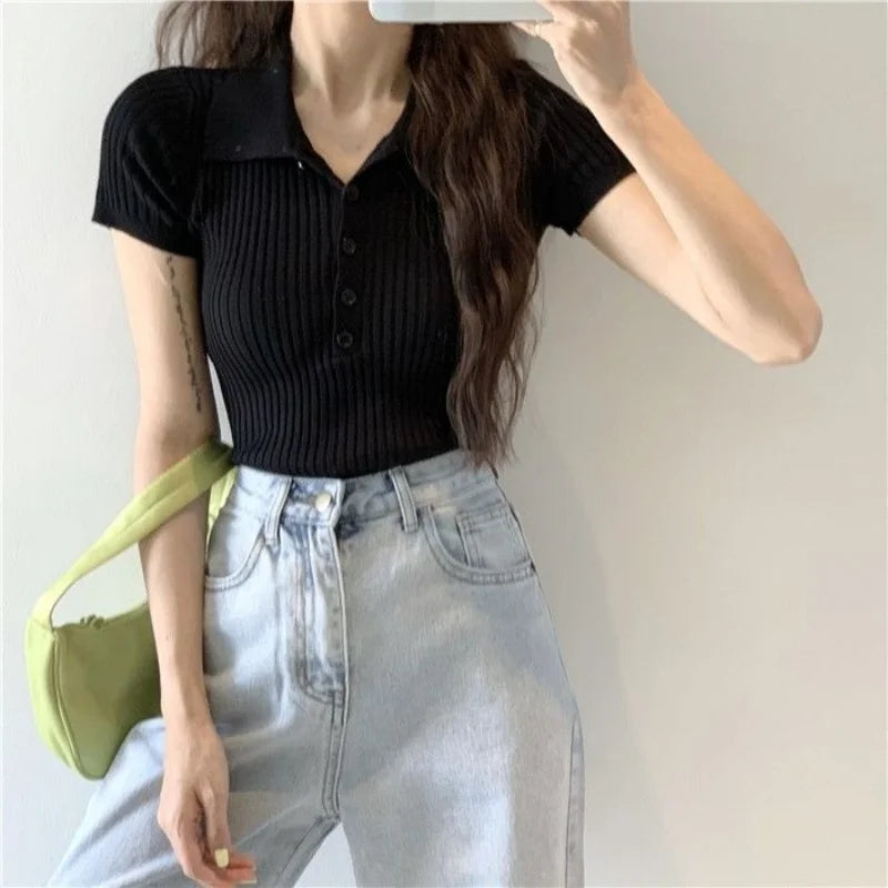 New Polo Women TShirt Ribbed Knitted Sexy Tops Summer Basic Shirts Skinny Slim Casual Short Sleeve Vest Women's Top White Black