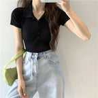 New Polo Women TShirt Ribbed Knitted Sexy Tops Summer Basic Shirts Skinny Slim Casual Short Sleeve Vest Women's Top White Black