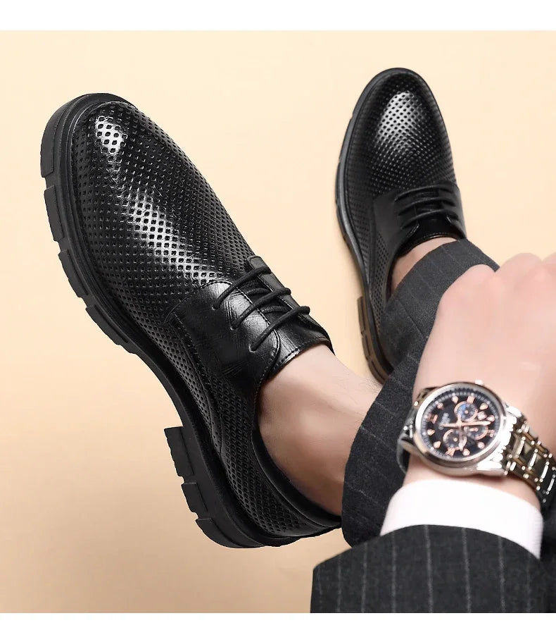 New Men Hollow Summer Platform High Heel 5/8/10 CM Height Growth Formal Men Derby Leather Shoes Man Wedding Dress Shoes Elevator