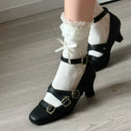 Sweet Lolita Cross Buckle Strap Women Mary Jane Shoes Fashion Multi Metal Buckle Shoes Retro Wedding Party Dress Ladies Pumps