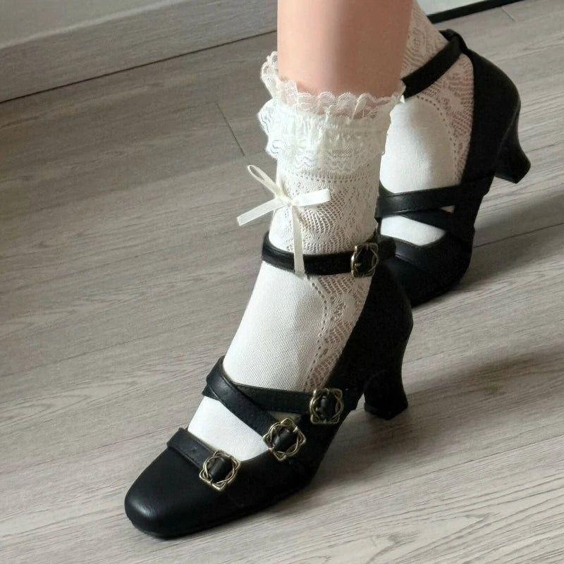 Sweet Lolita Cross Buckle Strap Women Mary Jane Shoes Fashion Multi Metal Buckle Shoes Retro Wedding Party Dress Ladies Pumps
