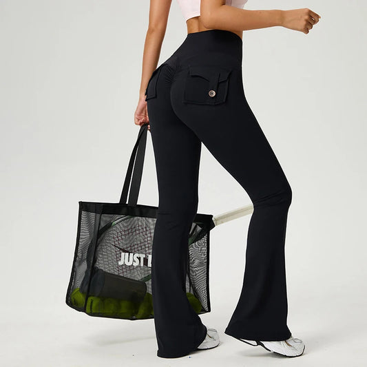TRY TO BN Yoga Pants Pocket Back Flare Leggings Sports Fitness High Waisted Scrunch Leggings Workout Trousers Gym Woman Clothing