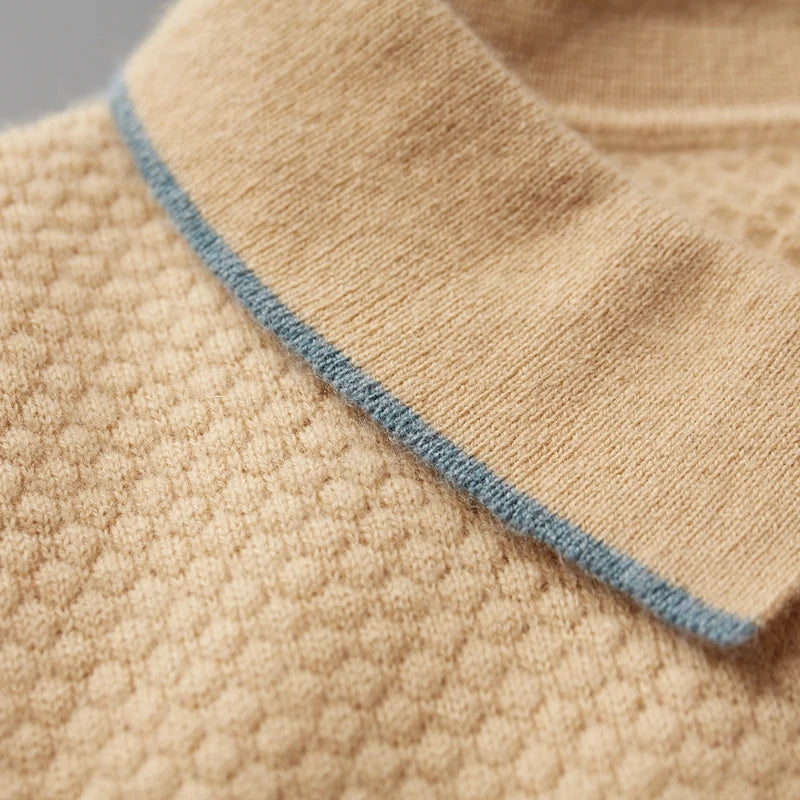 ZOCEPT 100% Cashmere Short Sleeve Sweater Autumn Winter New Casual Business Knitted Button-up Polo Collar Pullover for Men