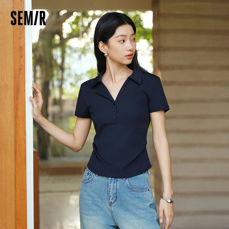 Semir Women Polo Shirt Short Length Ruched Slim Fit Standard Shoulder Cool Feeling 2026 Summer Temperament Versatile Fashion Top