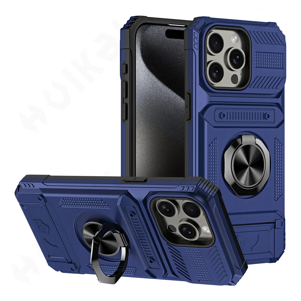 Military Quality Case for iPhone 11 13 14 15 16 Pro Max Magnetic Rotated Ring Kickstand Heavy Duty Drop Protection Wallet Cover