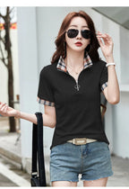 New Women Summer Cotton Polo T-shirt Fashion Button Plaid Turn-down Collar Short Sleeve Slim T-shirt Simplicity Casual Tees Tops