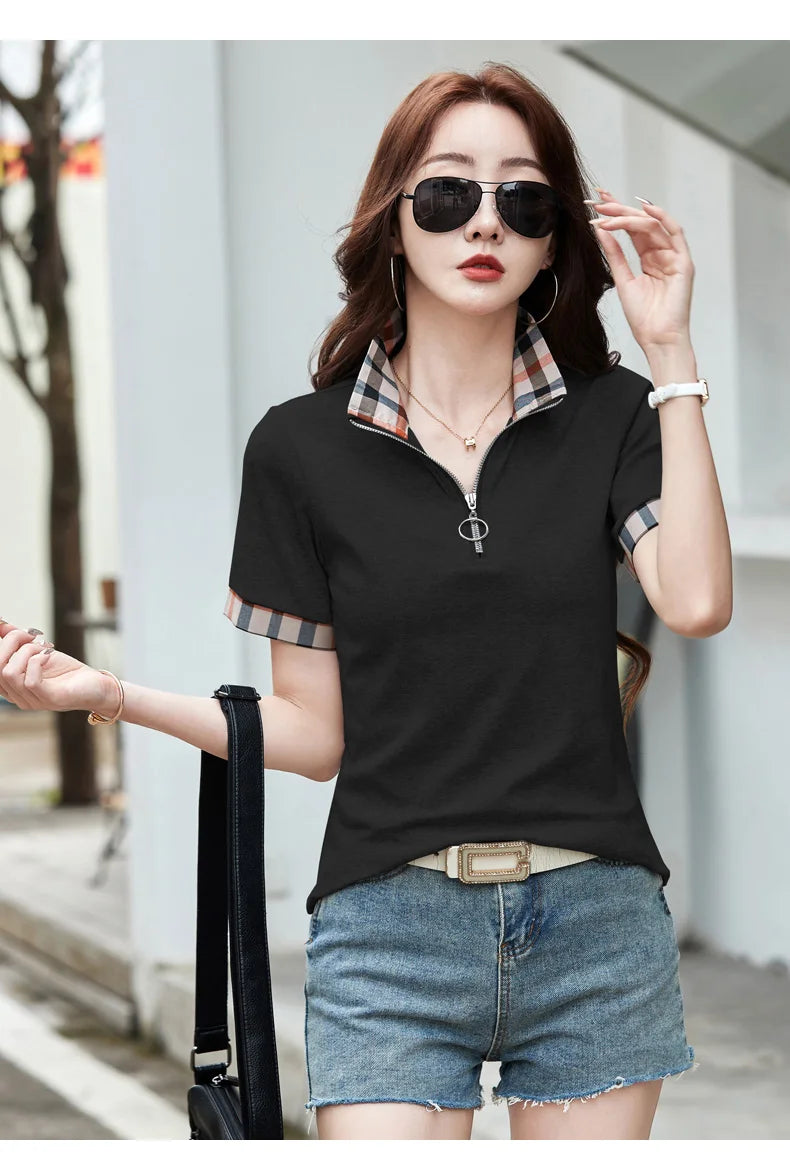 New Women Summer Cotton Polo T-shirt Fashion Button Plaid Turn-down Collar Short Sleeve Slim T-shirt Simplicity Casual Tees Tops