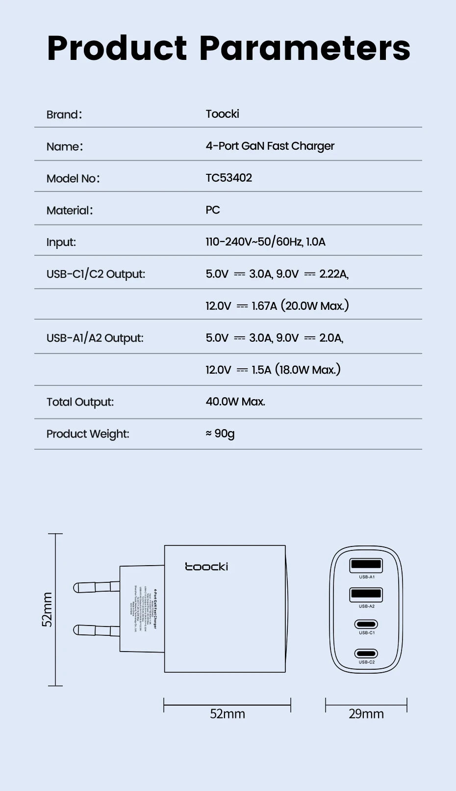 Toocki 40W GaN Fast Charger QC4.0 PD3.0 AFC SCP 4 Port USB Type C Charger for iPhone 16 15 14 Samsung S25 S24 Xiaomi Huawei OPPO
