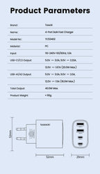 Toocki 40W GaN Fast Charger QC4.0 PD3.0 AFC SCP 4 Port USB Type C Charger for iPhone 16 15 14 Samsung S25 S24 Xiaomi Huawei OPPO