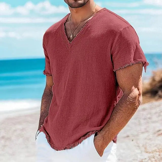 2026 Men's Summer Shirt Men's Retro V-Neck Cotton Linen Shirt Hawaii Casual Short Sleeve Beach Tops Outdoor Vacation Shirt