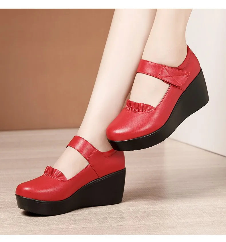 6cm Small Size 32-43 Comfortable Med Heels Pumps Soft Leather Mary Janes 2026 Women's Platform Wedges Shoes for Office Mom Dance