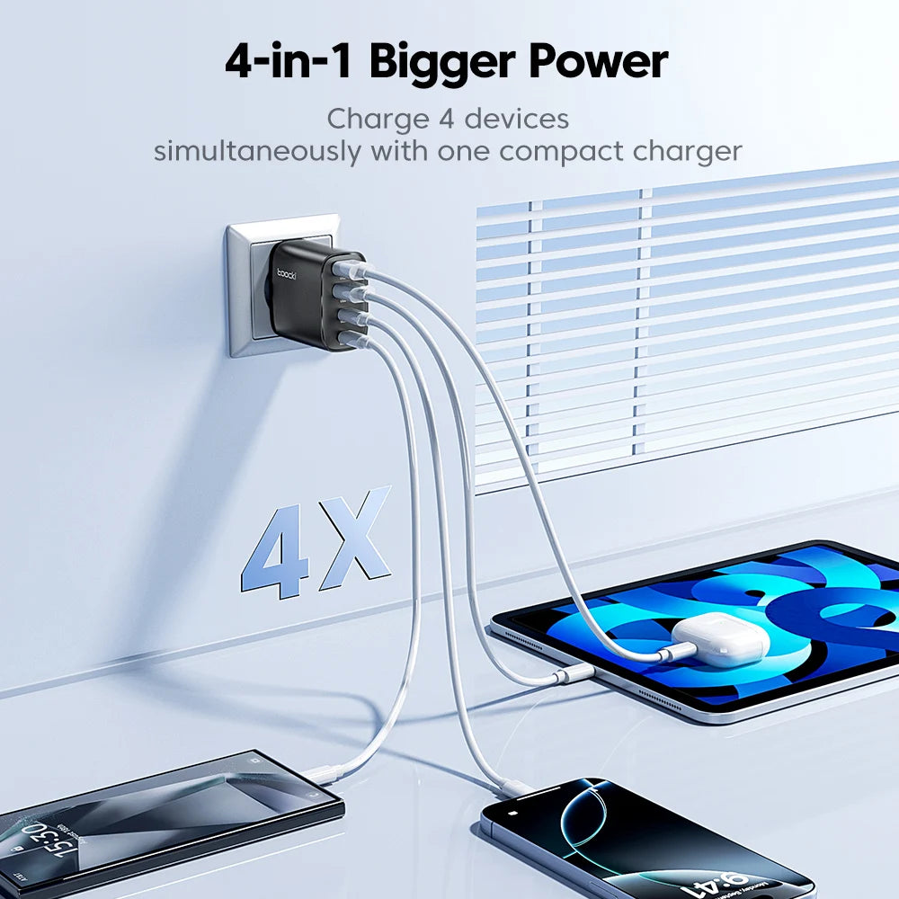Toocki 40W GaN Fast Charger QC4.0 PD3.0 AFC SCP 4 Port USB Type C Charger for iPhone 16 15 14 Samsung S25 S24 Xiaomi Huawei OPPO