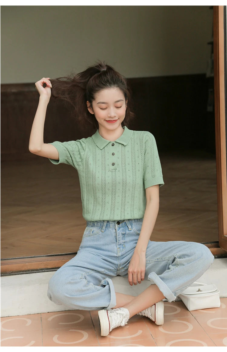 New Summer Fashion 100% Cotton Women Hollow-out Sweater T-shirt Short-sleeve Polo Collar Pullover Tees Korea Casual Knitted Tops