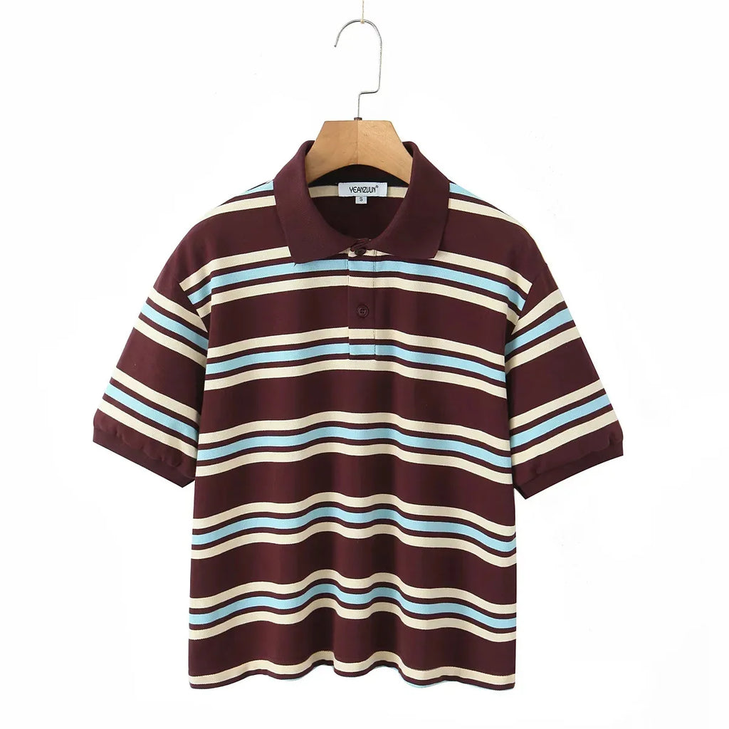 Summer Ladies Polo Shirts Woman Shorts Short Sleeve Brown Striped Vintage Clothes Polo Shirts Mujer Streetwear Crop Tops Casual