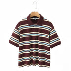 Summer Ladies Polo Shirts Woman Shorts Short Sleeve Brown Striped Vintage Clothes Polo Shirts Mujer Streetwear Crop Tops Casual