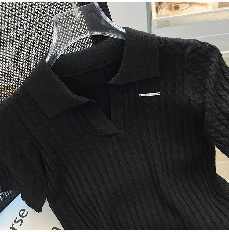Summer Women's Polo-neck Short-sleeved Shirt Ice Silk Twist Stripe Knitting T-Shirt Thread Loose Minimalist Lapel Pullover Tees