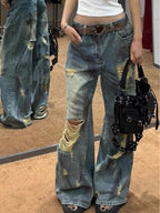 Women's Light Blue Distressed Wide Leg Jeans High Waist Heavy Ripped Vintage Y2K Baggy Denim Pants