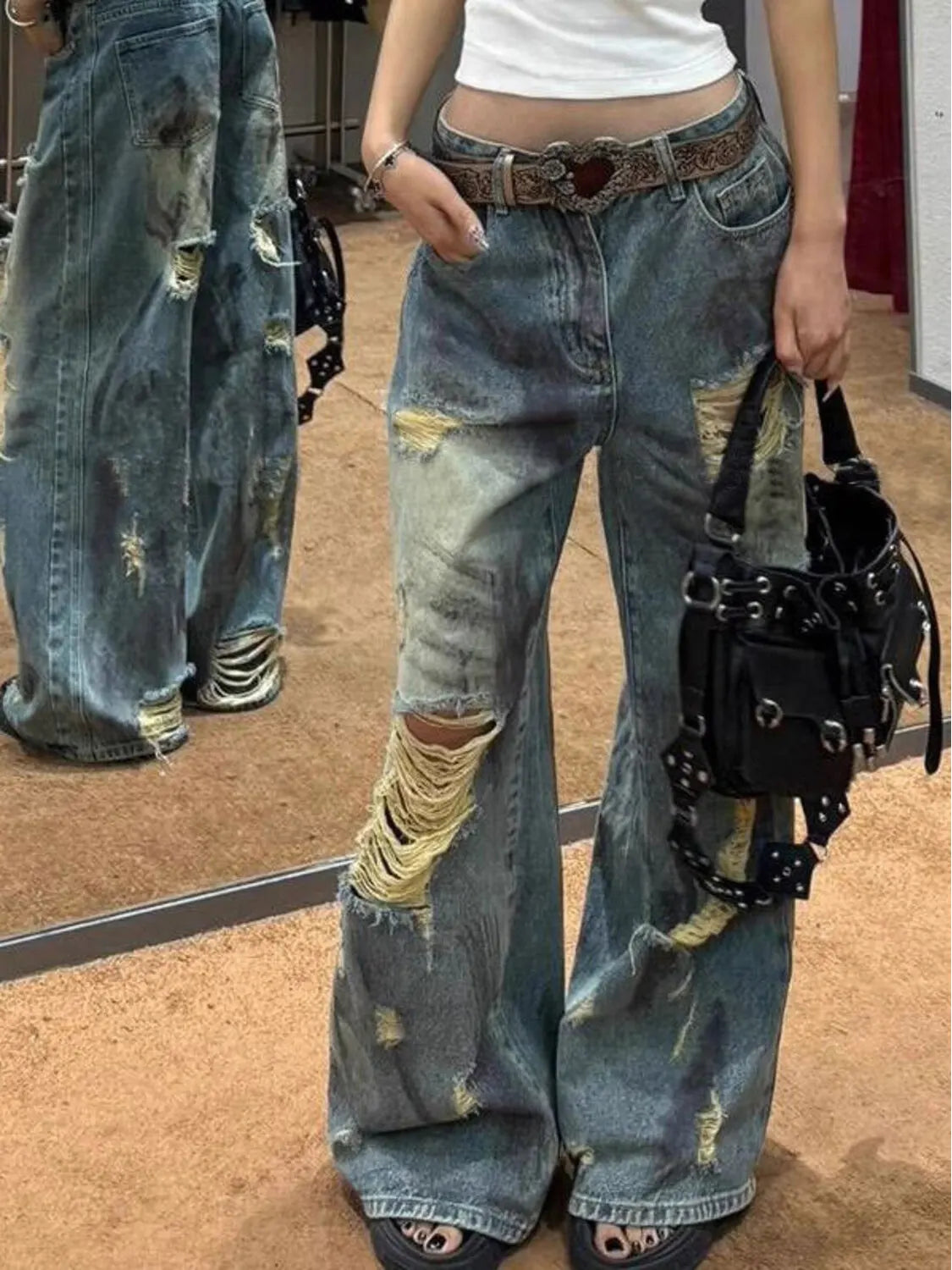 Women's Light Blue Distressed Wide Leg Jeans High Waist Heavy Ripped Vintage Y2K Baggy Denim Pants