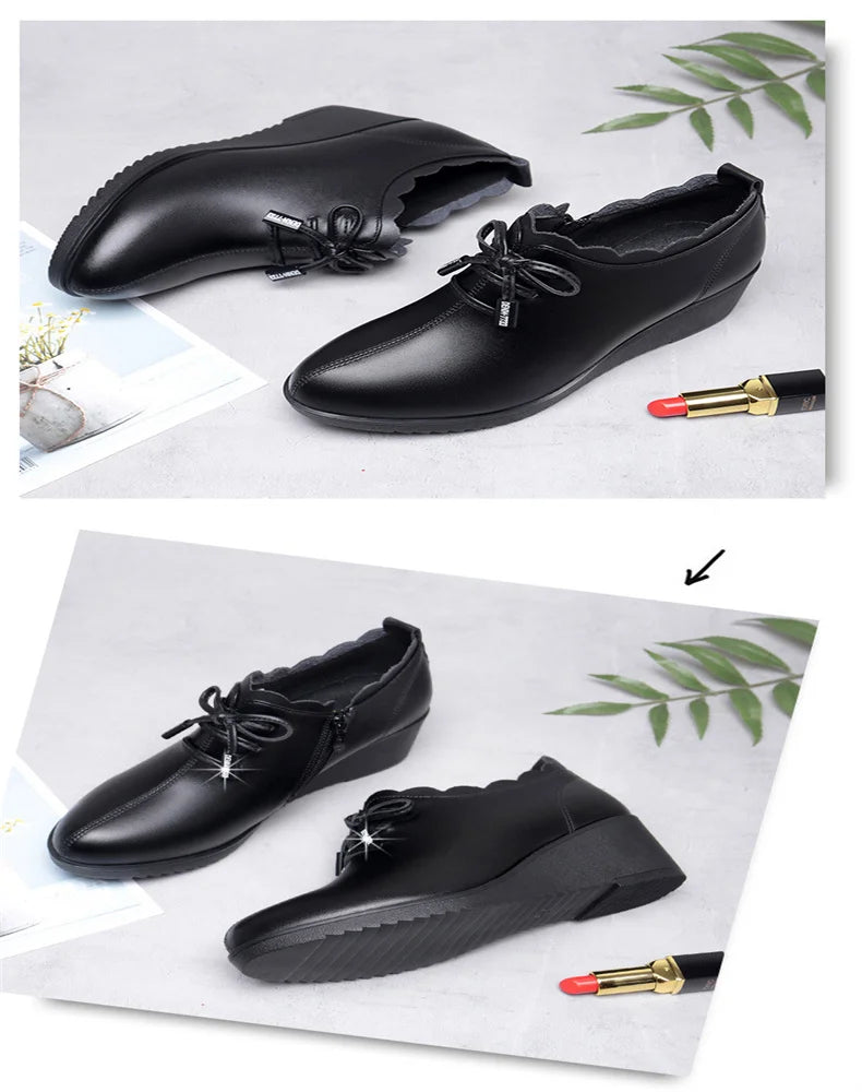 CINESSD 2023 New Fashion Lace Leather Platform Pumps Korean Style Casual Waterproof Pointed Toe Shoes for Women Spring Autumn