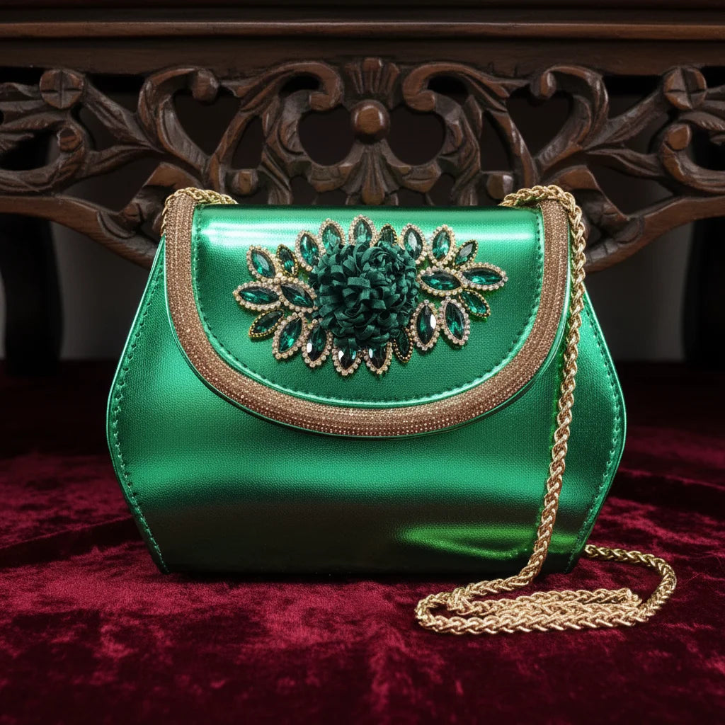 2026 Women's Elegant Green Wedge Heel Shoe and Matching Bag Set with Rhinestone Accents – Stylish Square Toe Design for Parties