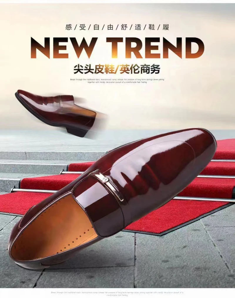 Mens Formal Wine Red Patent Leather Loafers Pointed Toe Slip On Shoes Hollow Out Non SlipBreathable Design Metal Buckle Decor