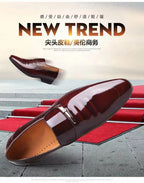 Mens Formal Wine Red Patent Leather Loafers Pointed Toe Slip On Shoes Hollow Out Non SlipBreathable Design Metal Buckle Decor